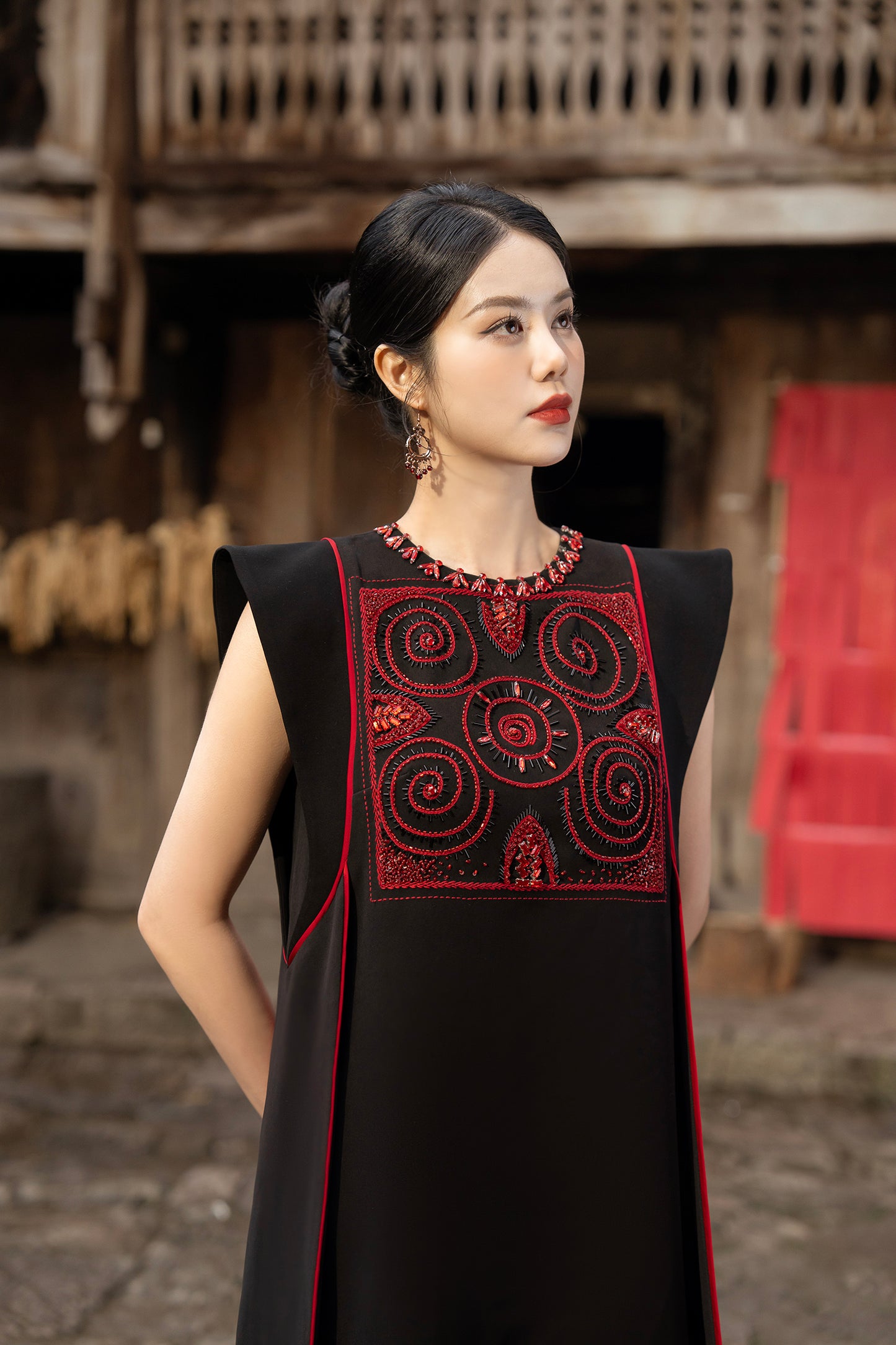 Black Gabardine Maxi Dress with Embroidered Bodice and Side Panels