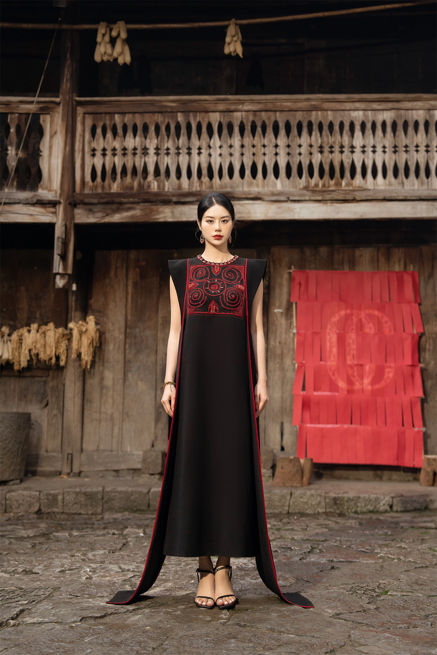 Black Gabardine Maxi Dress with Embroidered Bodice and Side Panels