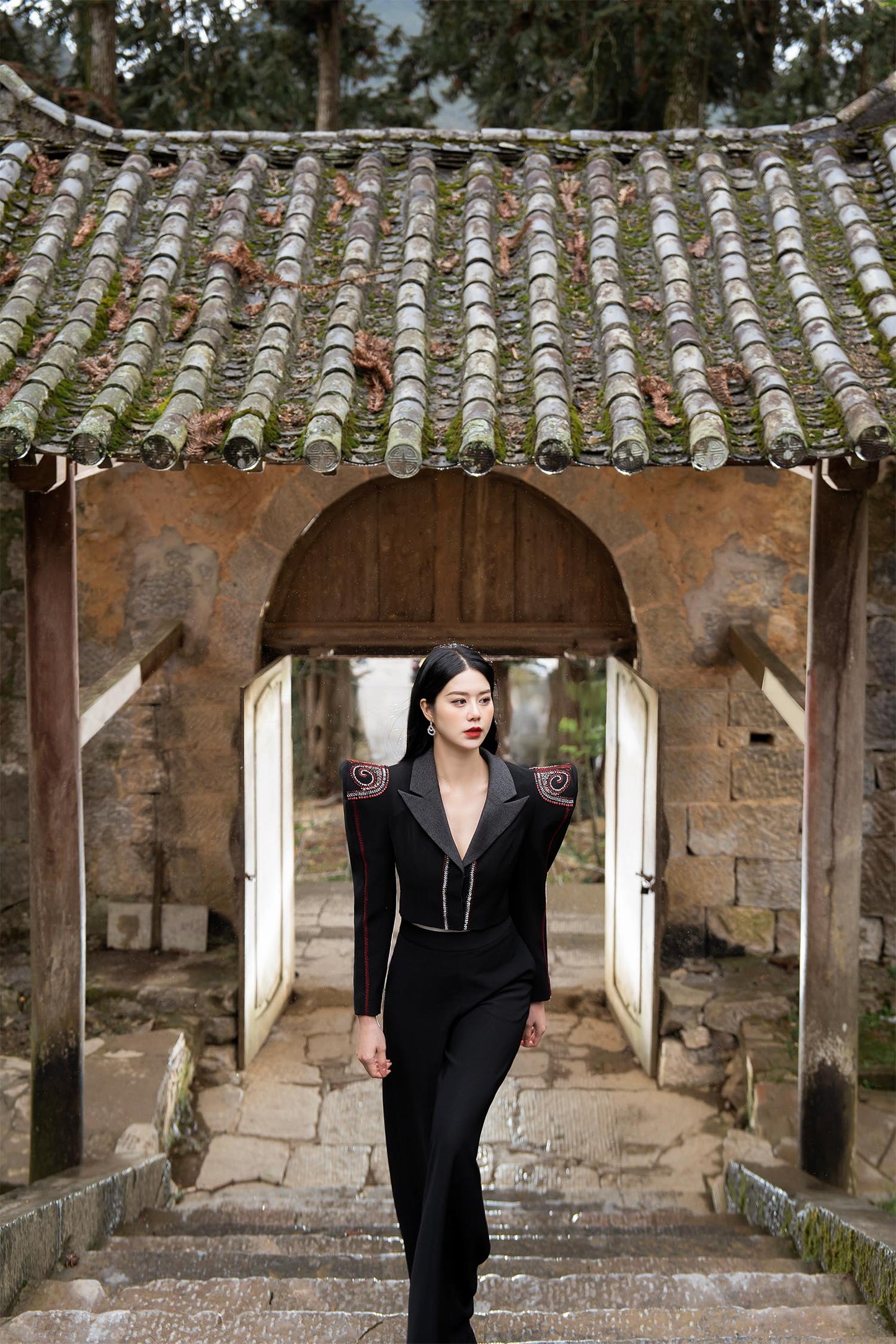 Satin Polyester Silk Coat and Wide-Leg Trousers Set