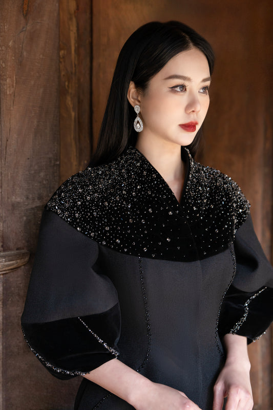 Black Embellished Cape Jacket with Tulle Skirt