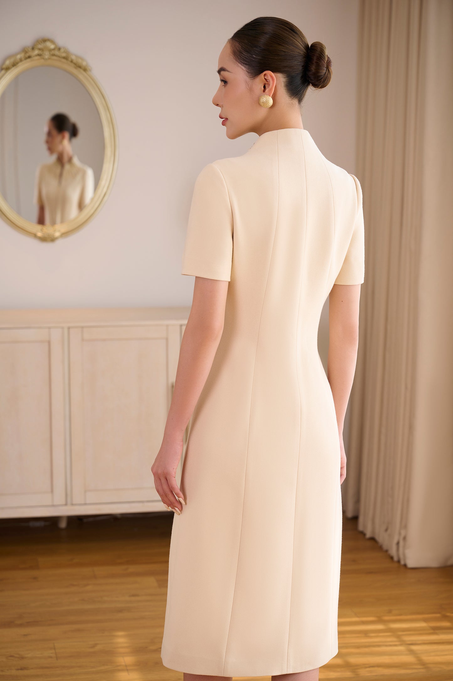 Tweed Midi Dress with Pleated Collar