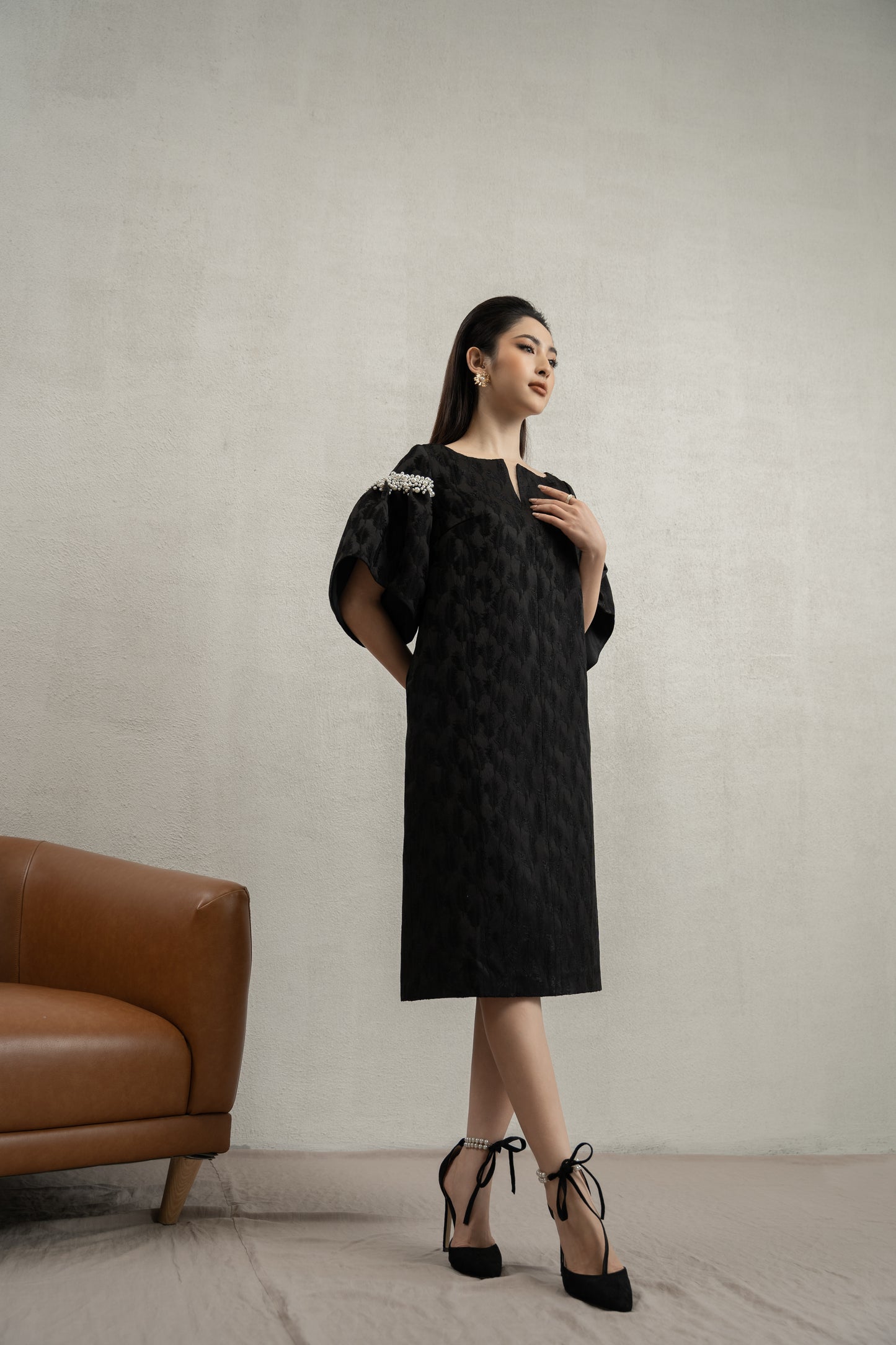 Black Jacquard Midi Dress with Pearl Embellished Sleeves