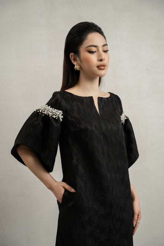 Black Jacquard Midi Dress with Pearl Embellished Sleeves
