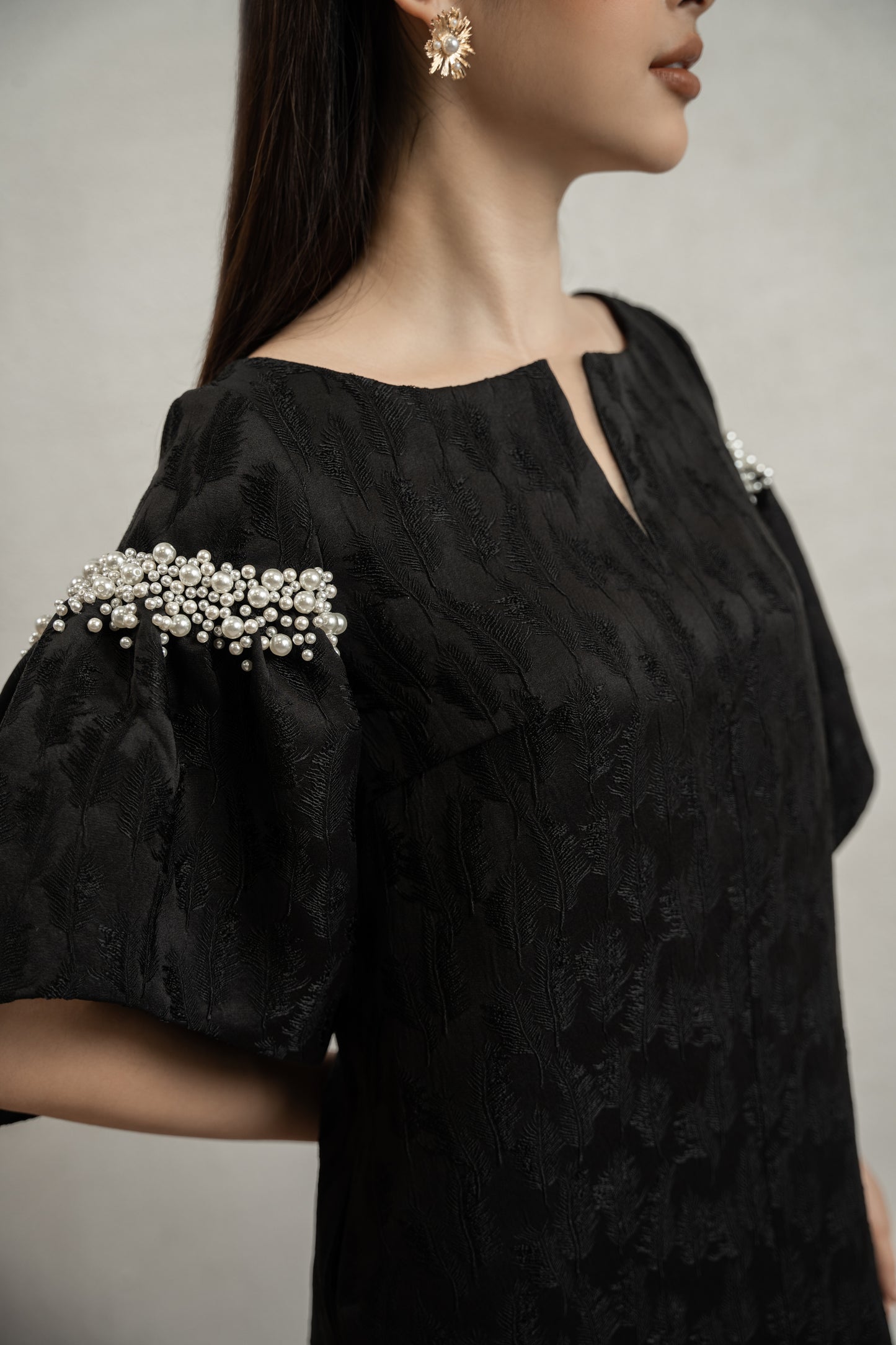 Black Jacquard Midi Dress with Pearl Embellished Sleeves