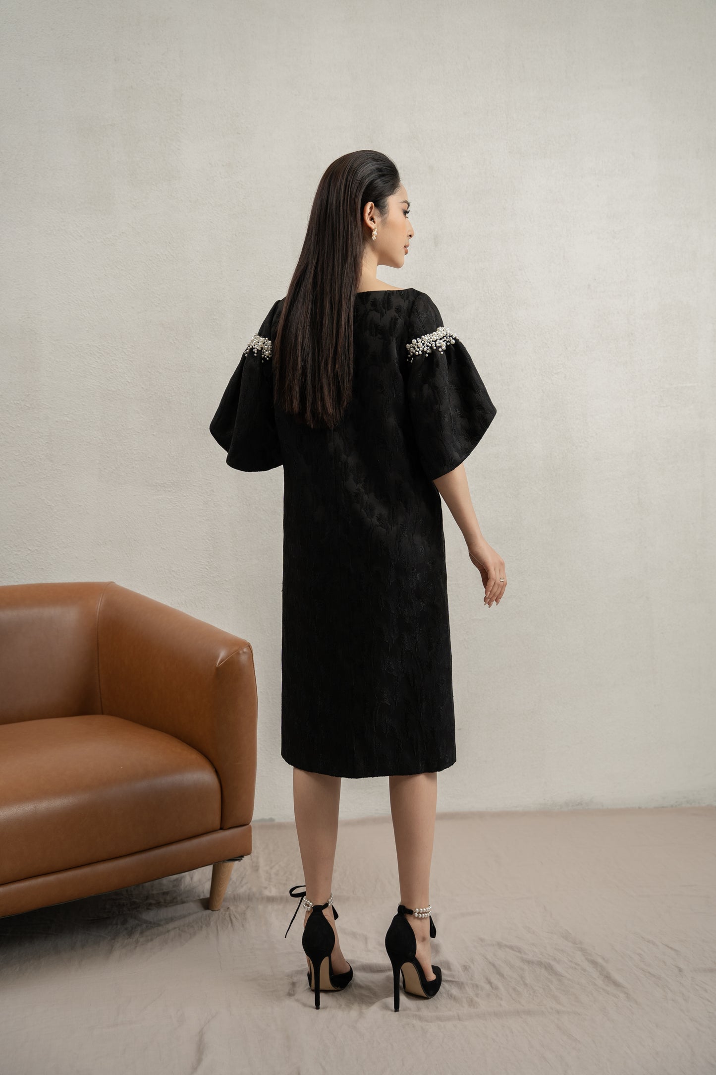 Black Jacquard Midi Dress with Pearl Embellished Sleeves