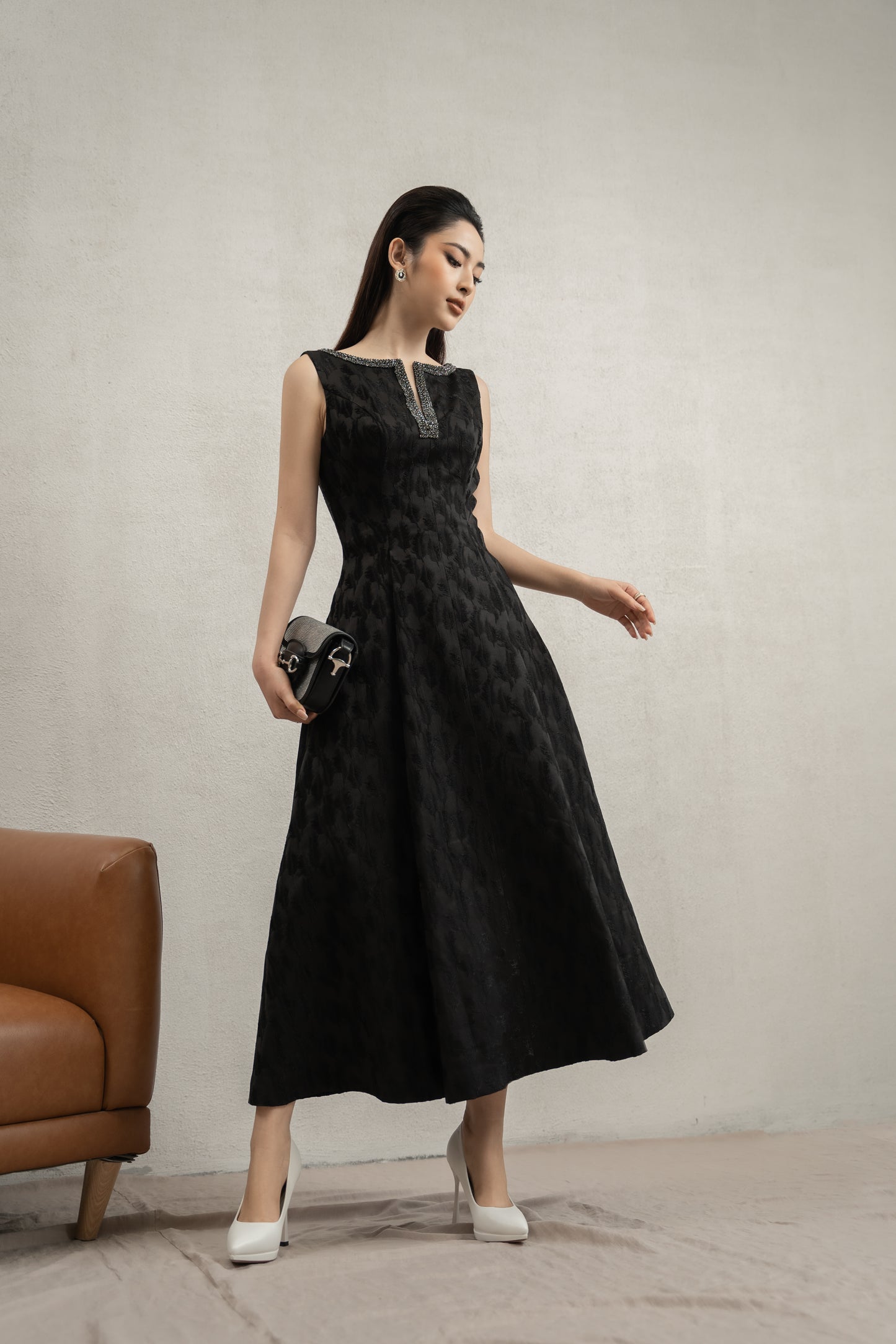 Black Sleeveless Jacquard A-Line Dress with Beaded Neckline