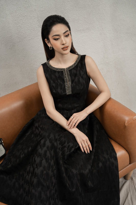 Black Sleeveless Jacquard A-Line Dress with Beaded Neckline