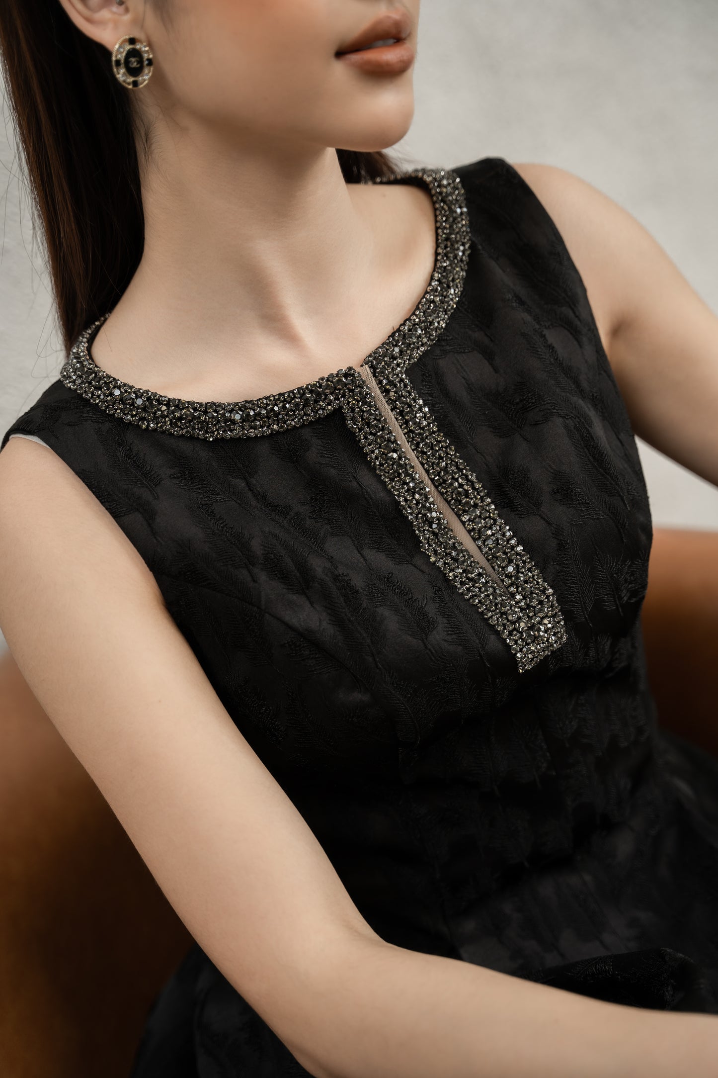 Black Sleeveless Jacquard A-Line Dress with Beaded Neckline
