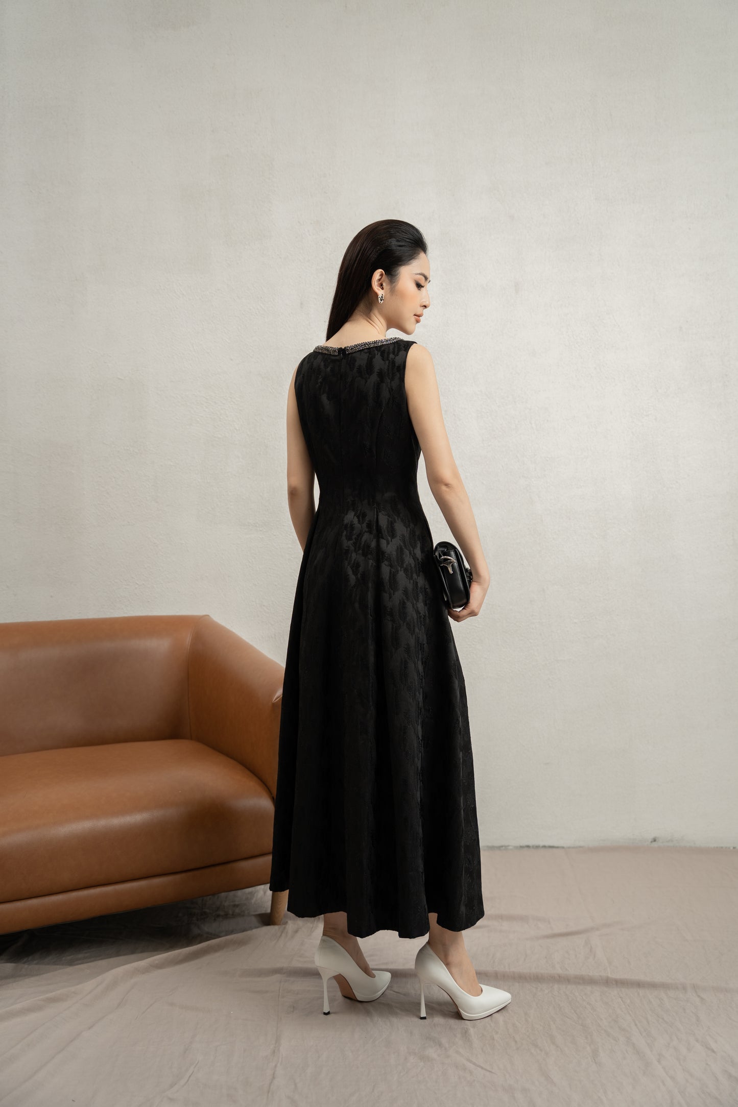 Black Sleeveless Jacquard A-Line Dress with Beaded Neckline
