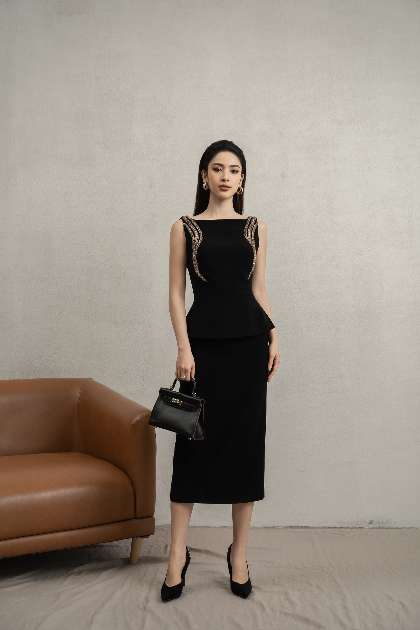 Black Peplum Midi Dress with Gold Embellished Shoulders