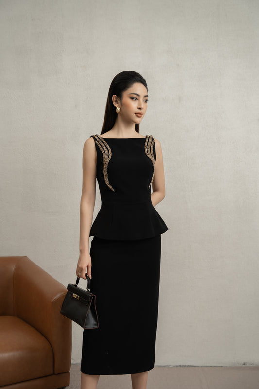 Black Peplum Midi Dress with Gold Embellished Shoulders