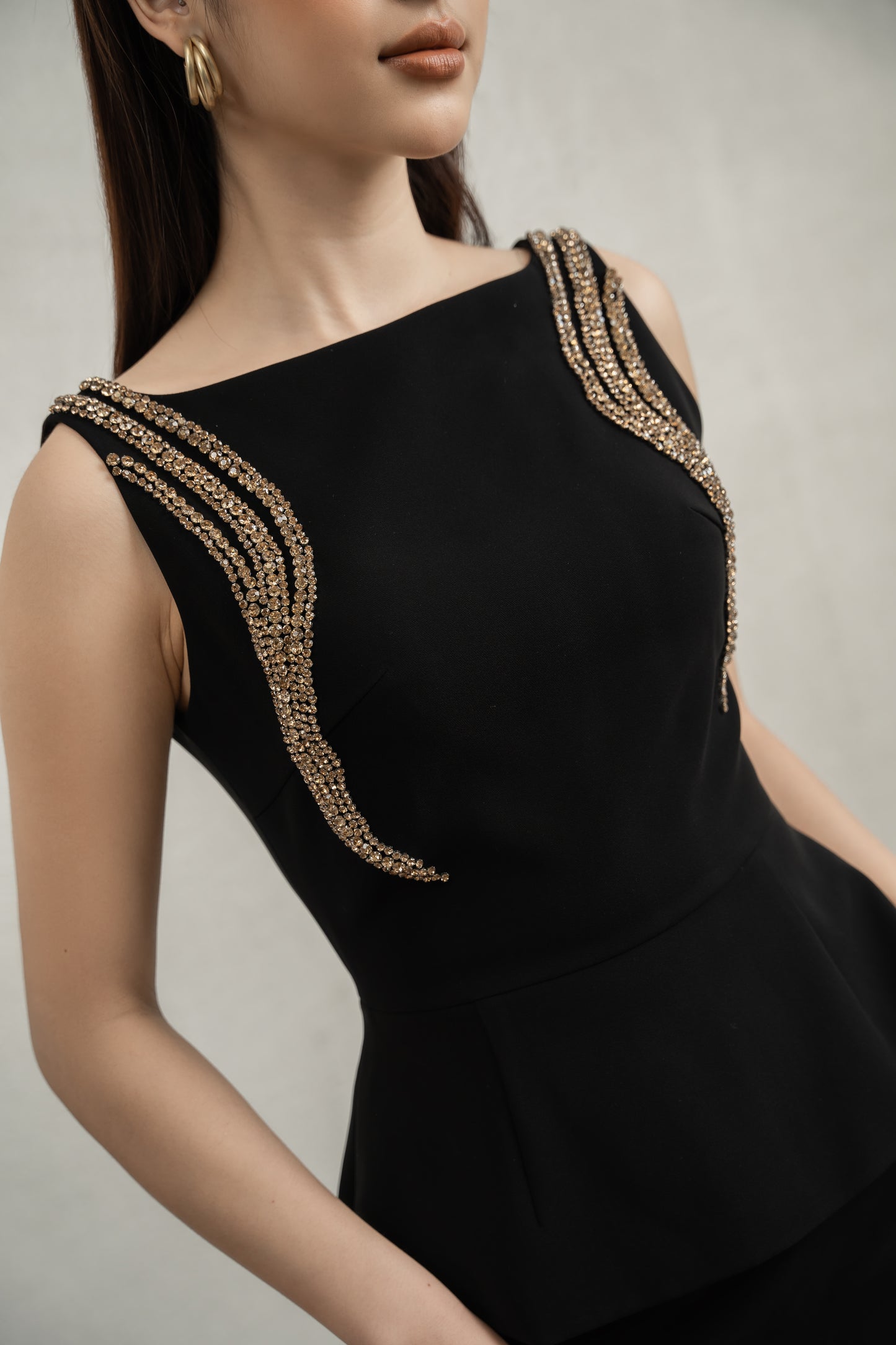 Black Peplum Midi Dress with Gold Embellished Shoulders