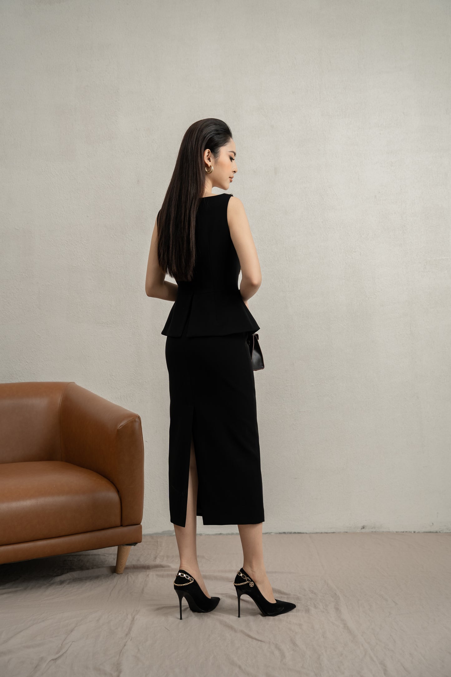 Black Peplum Midi Dress with Gold Embellished Shoulders