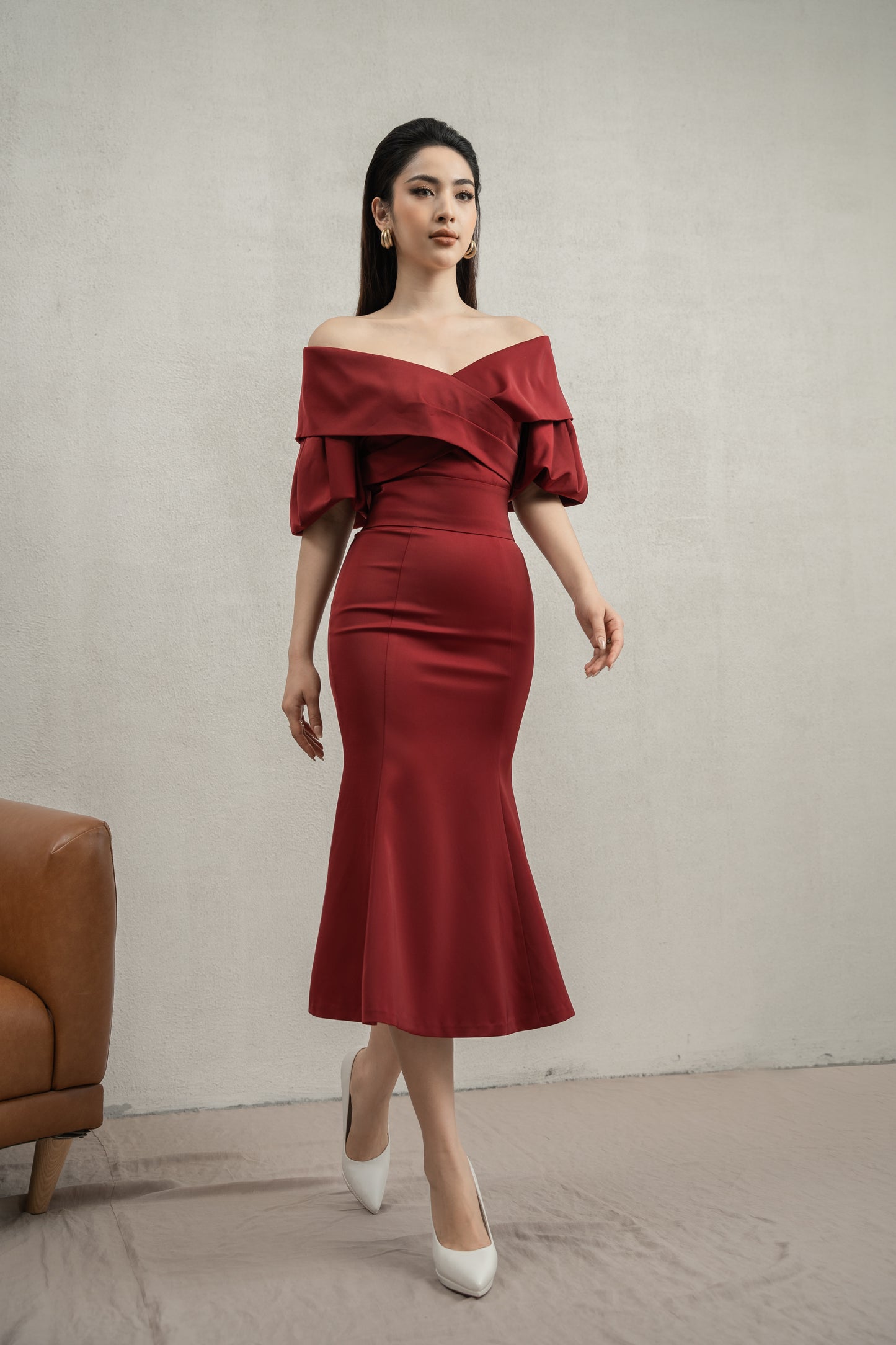 Off-Shoulder Evening Dress with Statement Sleeves