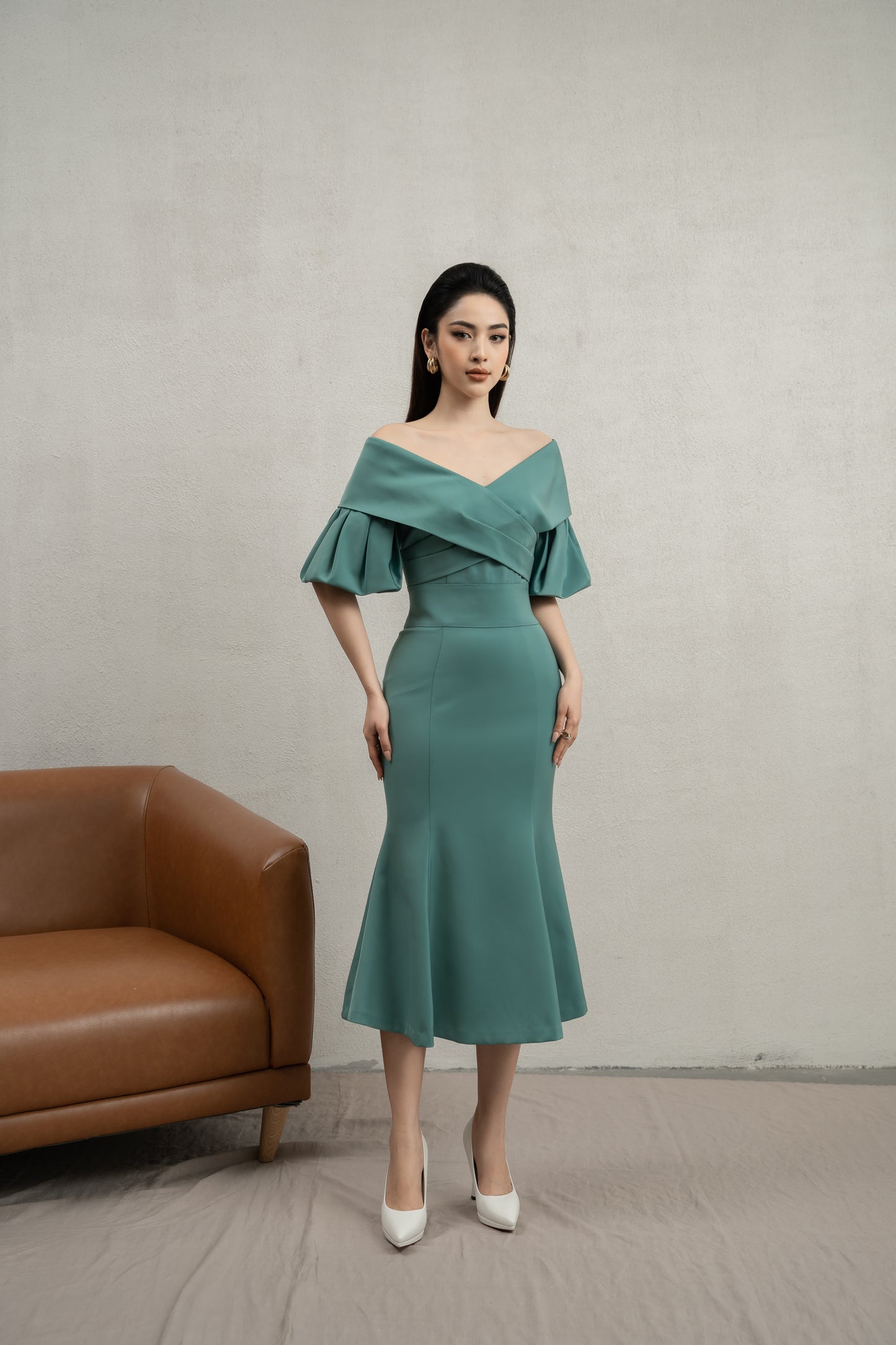 Off-Shoulder Evening Dress with Statement Sleeves