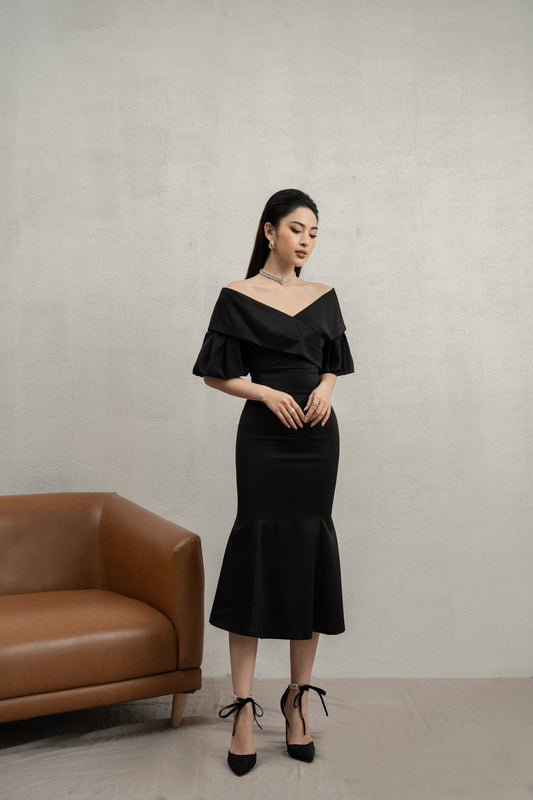 Off-Shoulder Evening Dress with Statement Sleeves