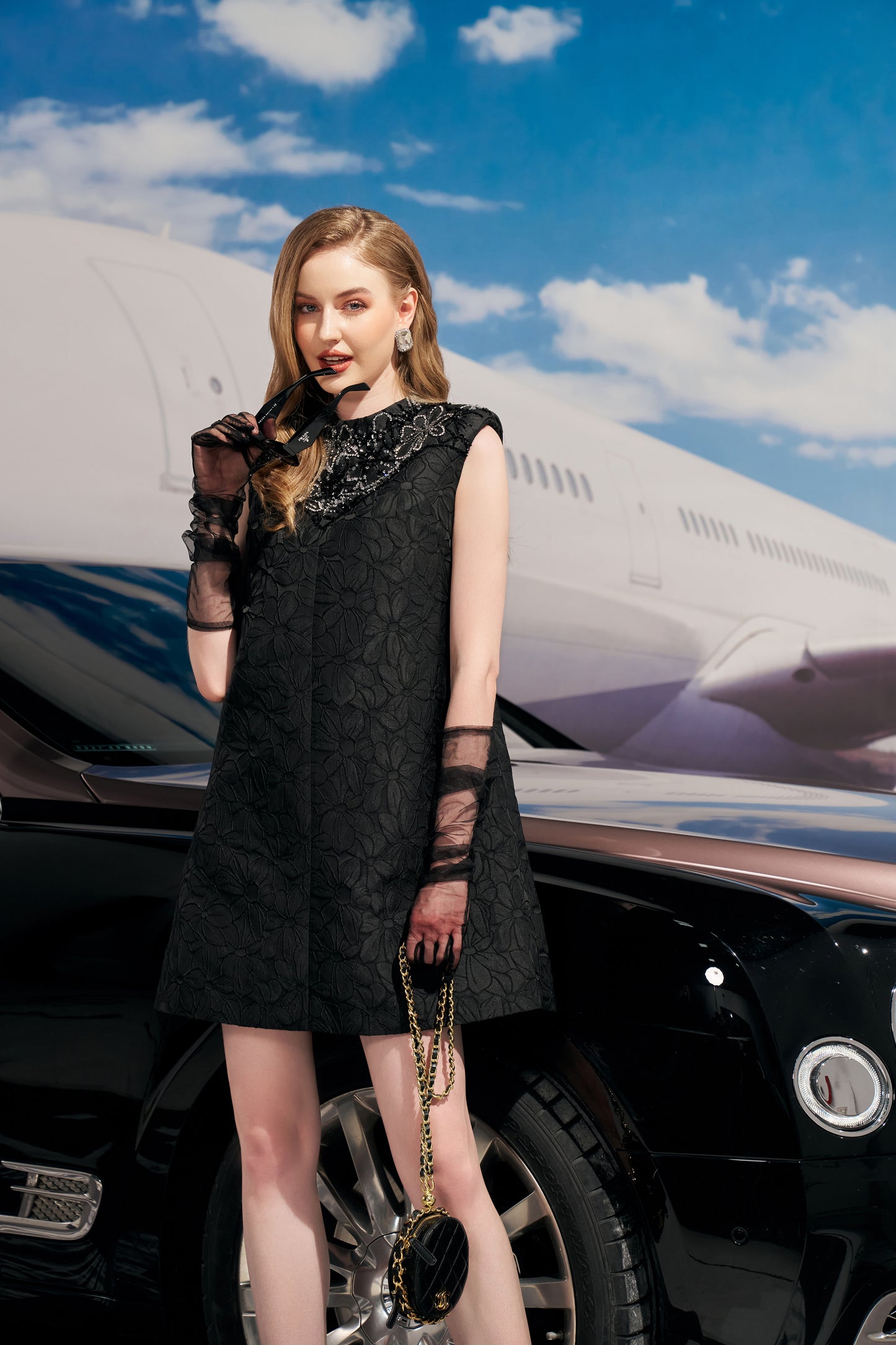 Black Sleeveless A-Line Mini Dress with Floral Embroidery