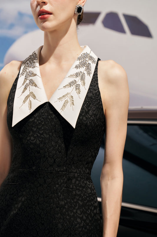 Black Sleeveless Jacquard Mini Dress with Embellished White Collar