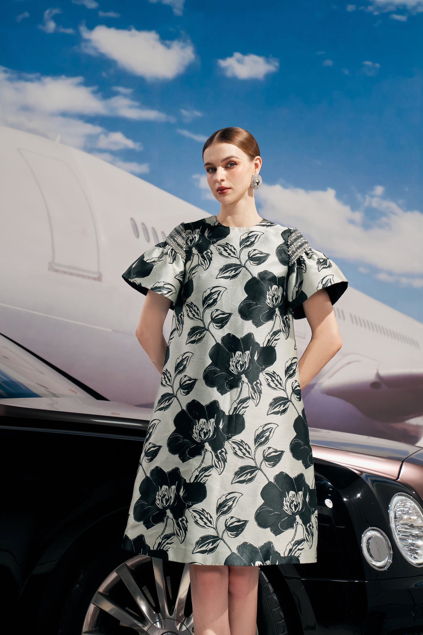 Black and White Floral Brocade A-Line Dress with Ruffle Sleeves