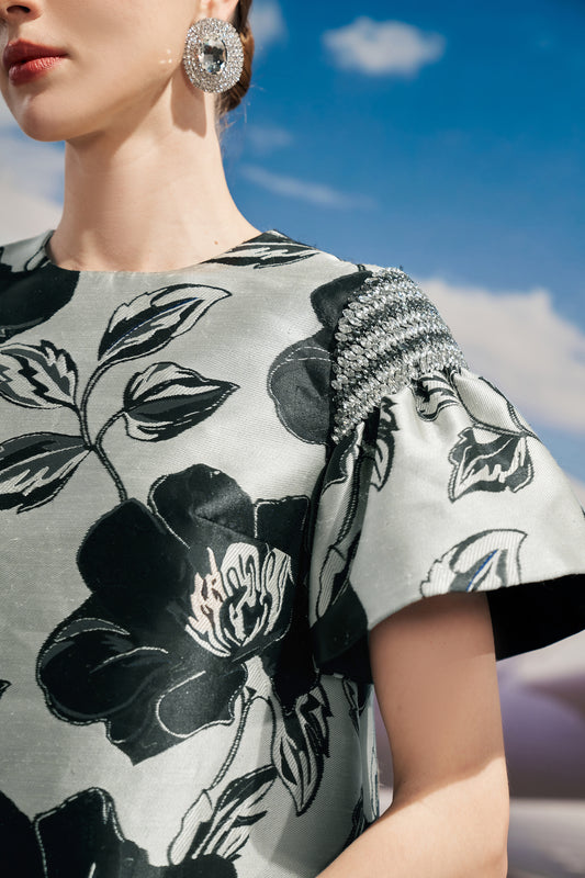 Black and White Floral Brocade A-Line Dress with Ruffle Sleeves