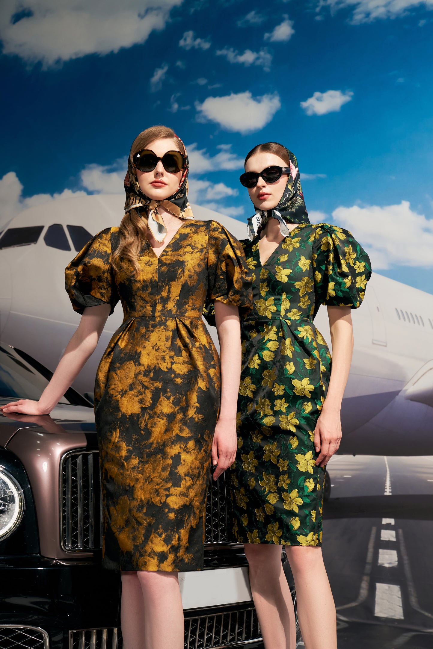 Puff Sleeve Floral Midi Dress with V-Neckline
