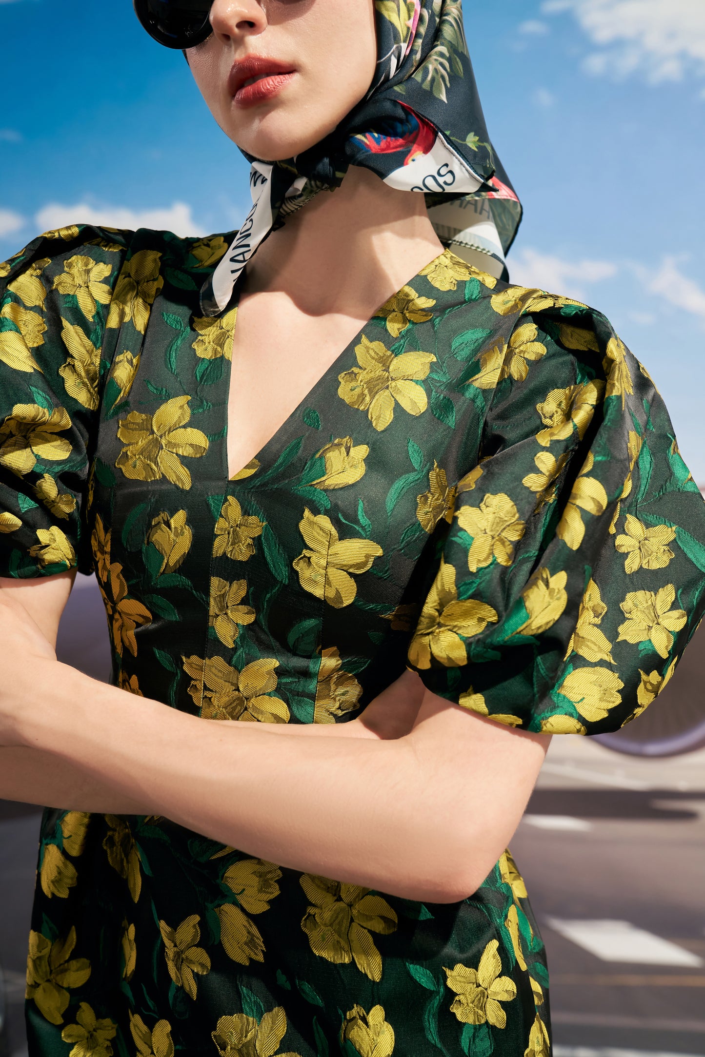 Puff Sleeve Floral Midi Dress with V-Neckline