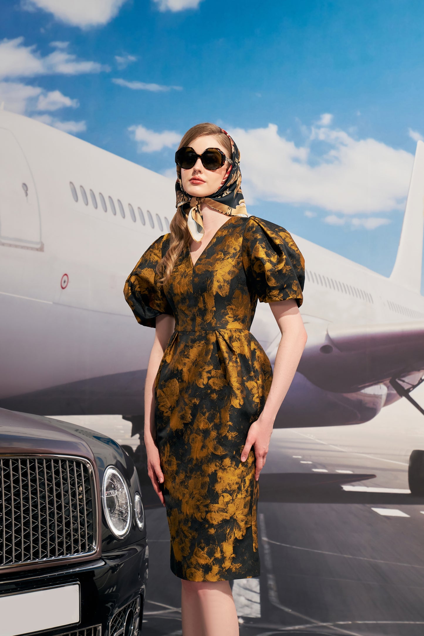 Puff Sleeve Floral Midi Dress with V-Neckline