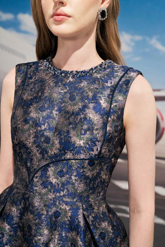 Sleeveless Metallic Blue and Gold Brocade Pencil Dress