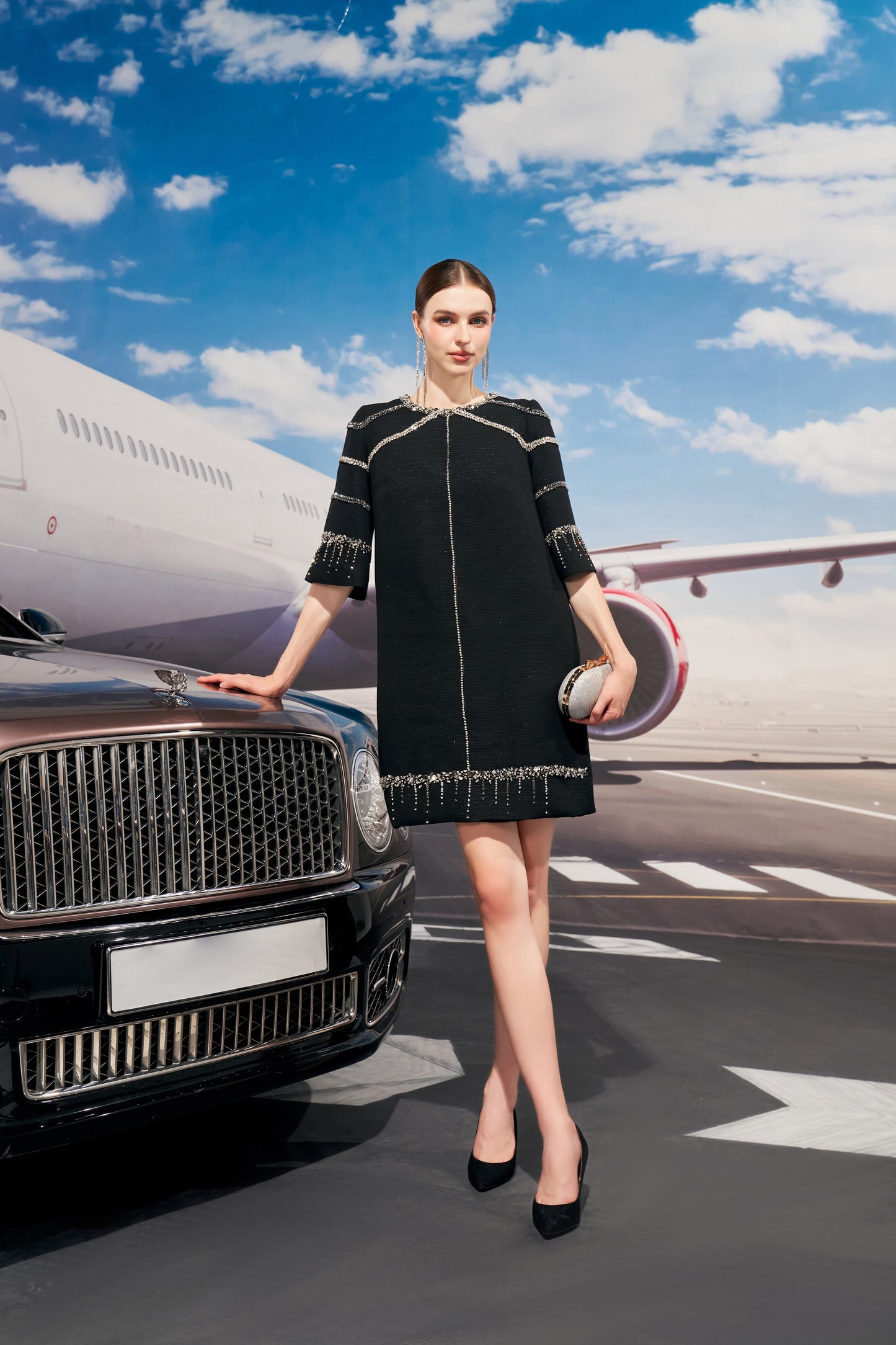 Black Embellished Evening Shift Dress with Beaded Details