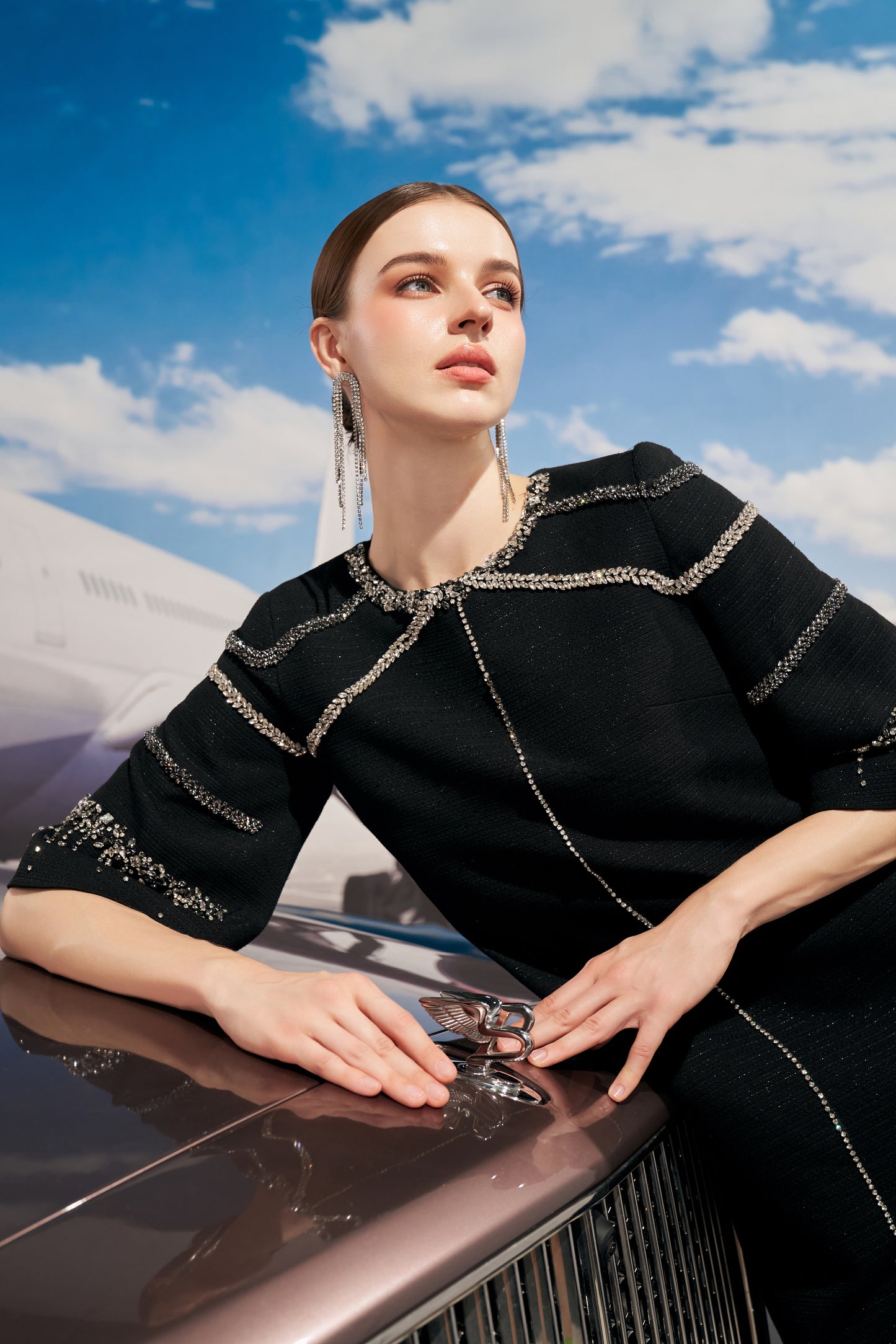 Black Embellished Evening Shift Dress with Beaded Details