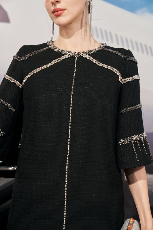 Black Embellished Evening Shift Dress with Beaded Details