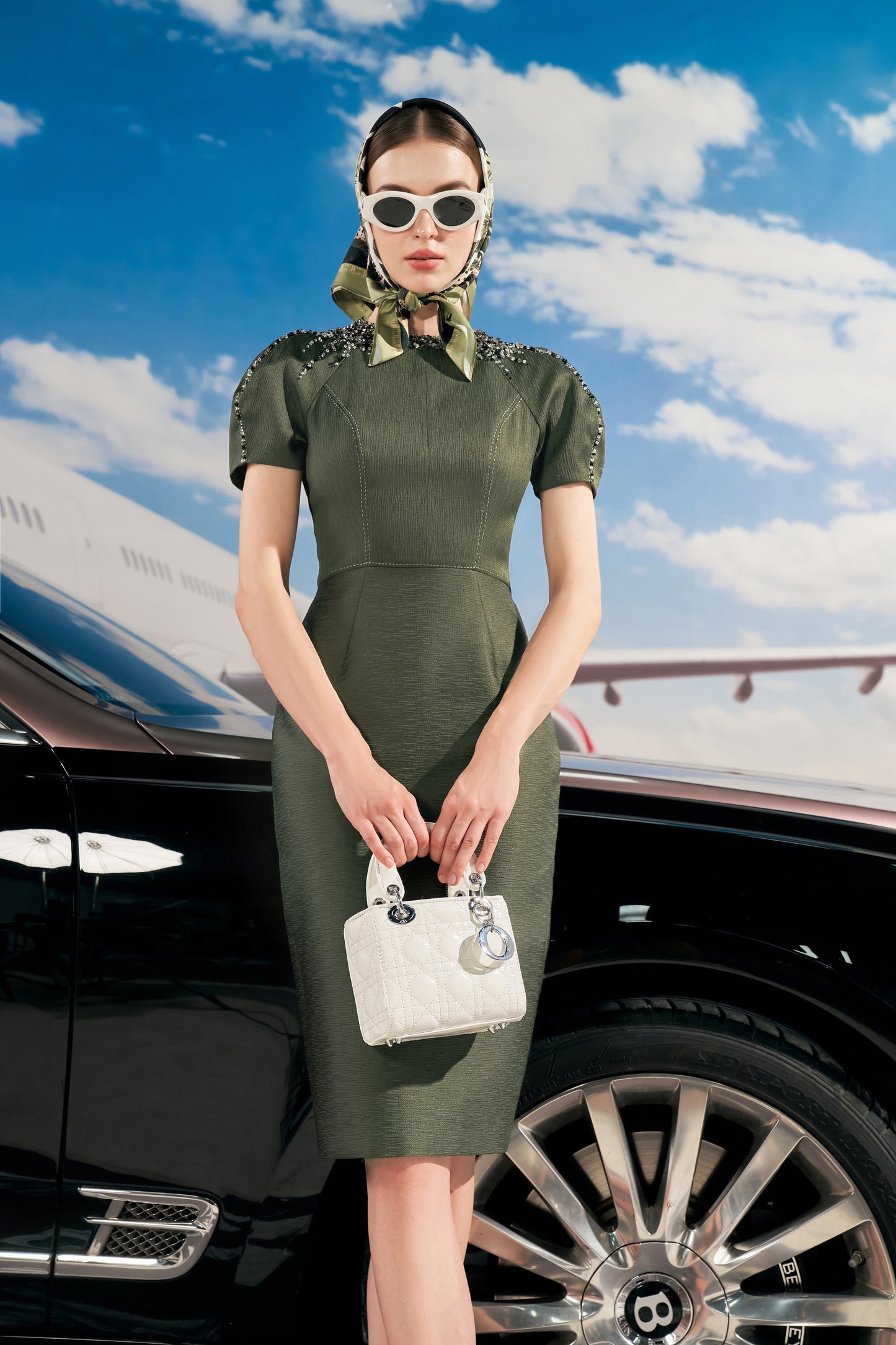 Vintage Olive Green Pencil Dress with Embellished Shoulders