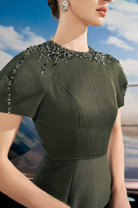Vintage Olive Green Pencil Dress with Embellished Shoulders