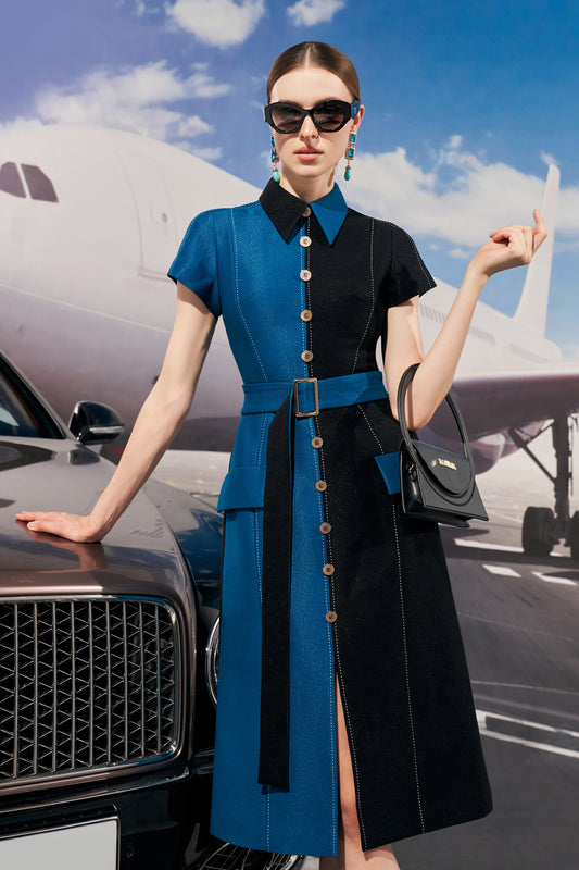 Two-Tone A-Line Denim Dress with Button Front and Belted Waist