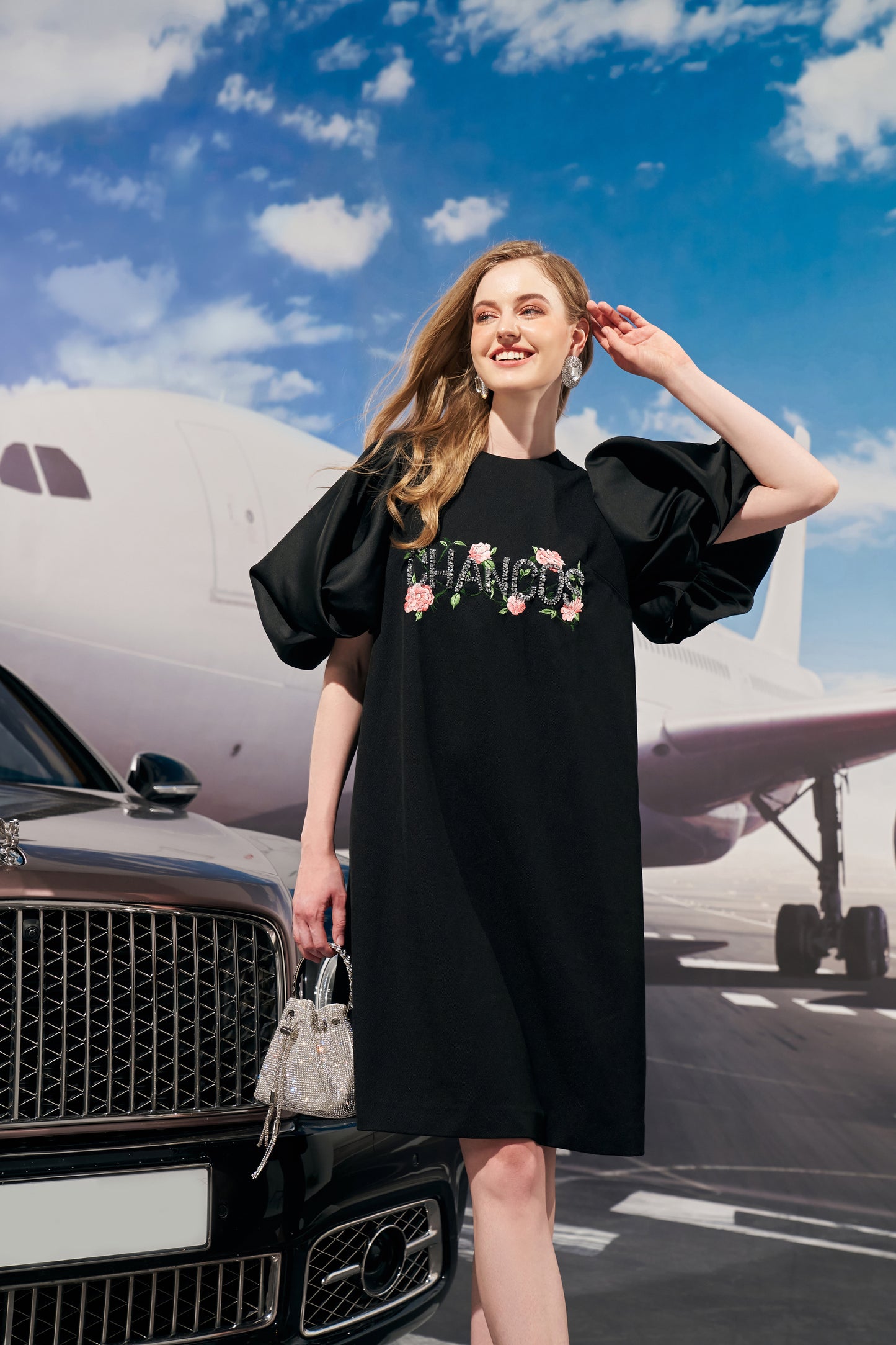 Black Puff Sleeve Dress with Floral Embroidery
