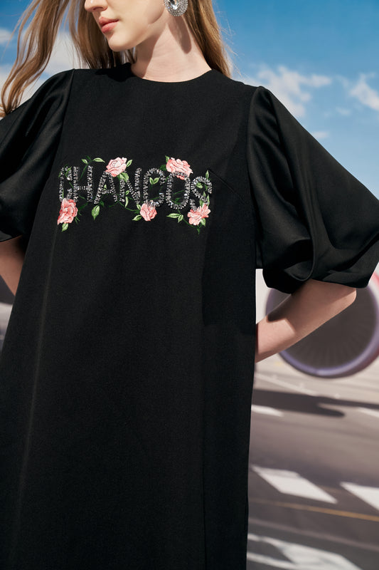 Black Puff Sleeve Dress with Floral Embroidery