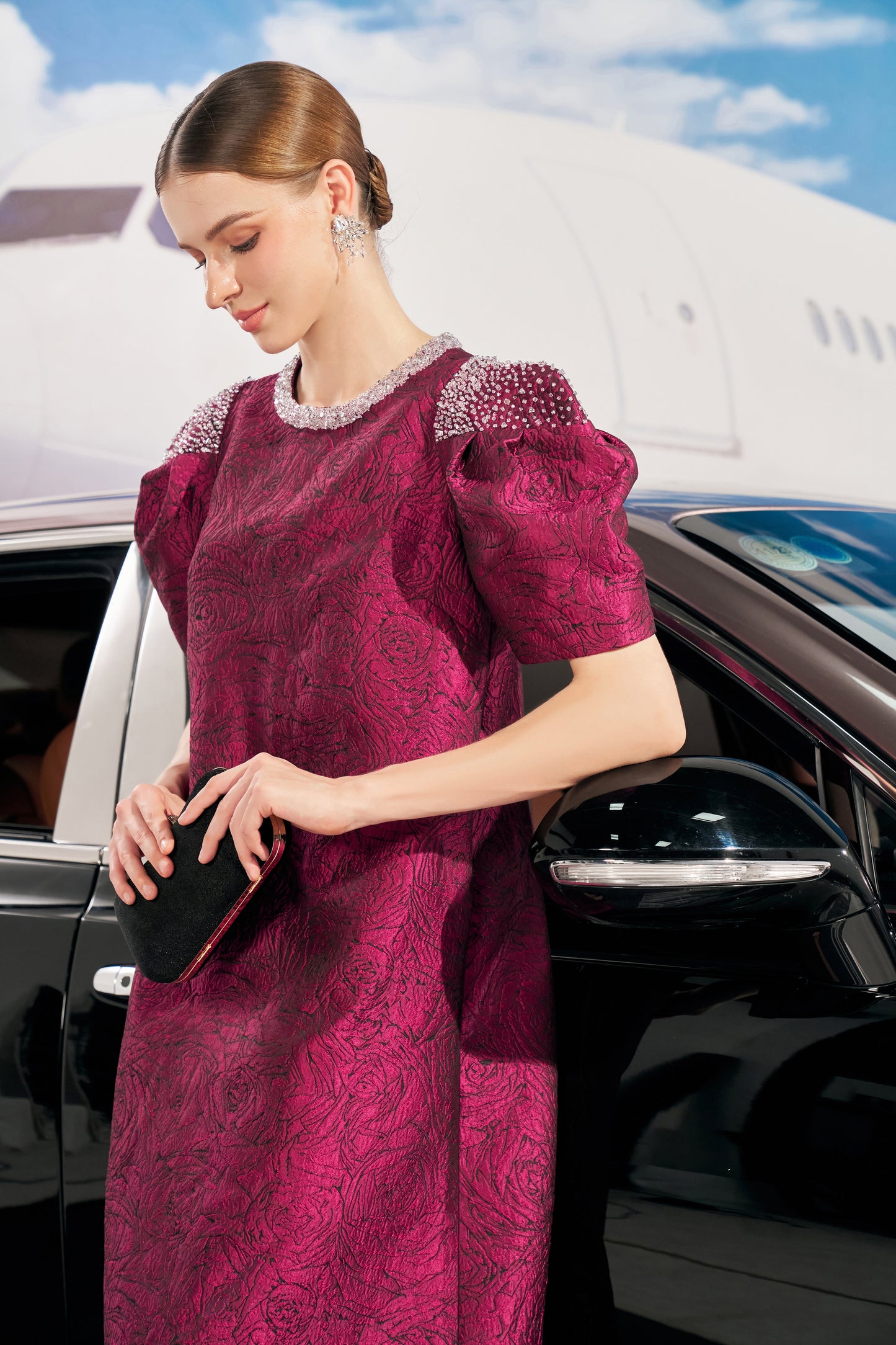 Ornate Magenta Puff-Sleeve Midi Dress with Beaded Details