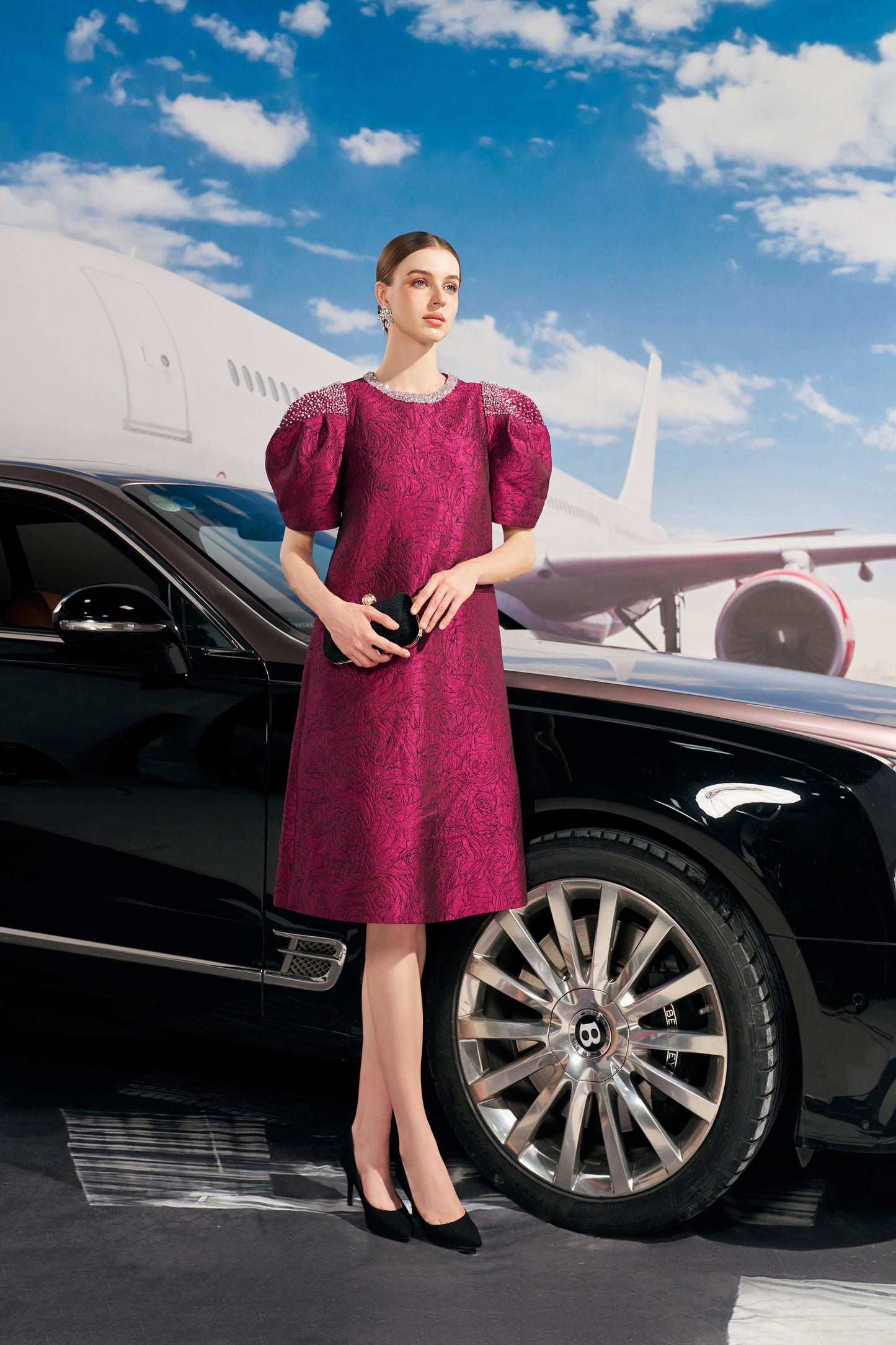 Ornate Magenta Puff-Sleeve Midi Dress with Beaded Details