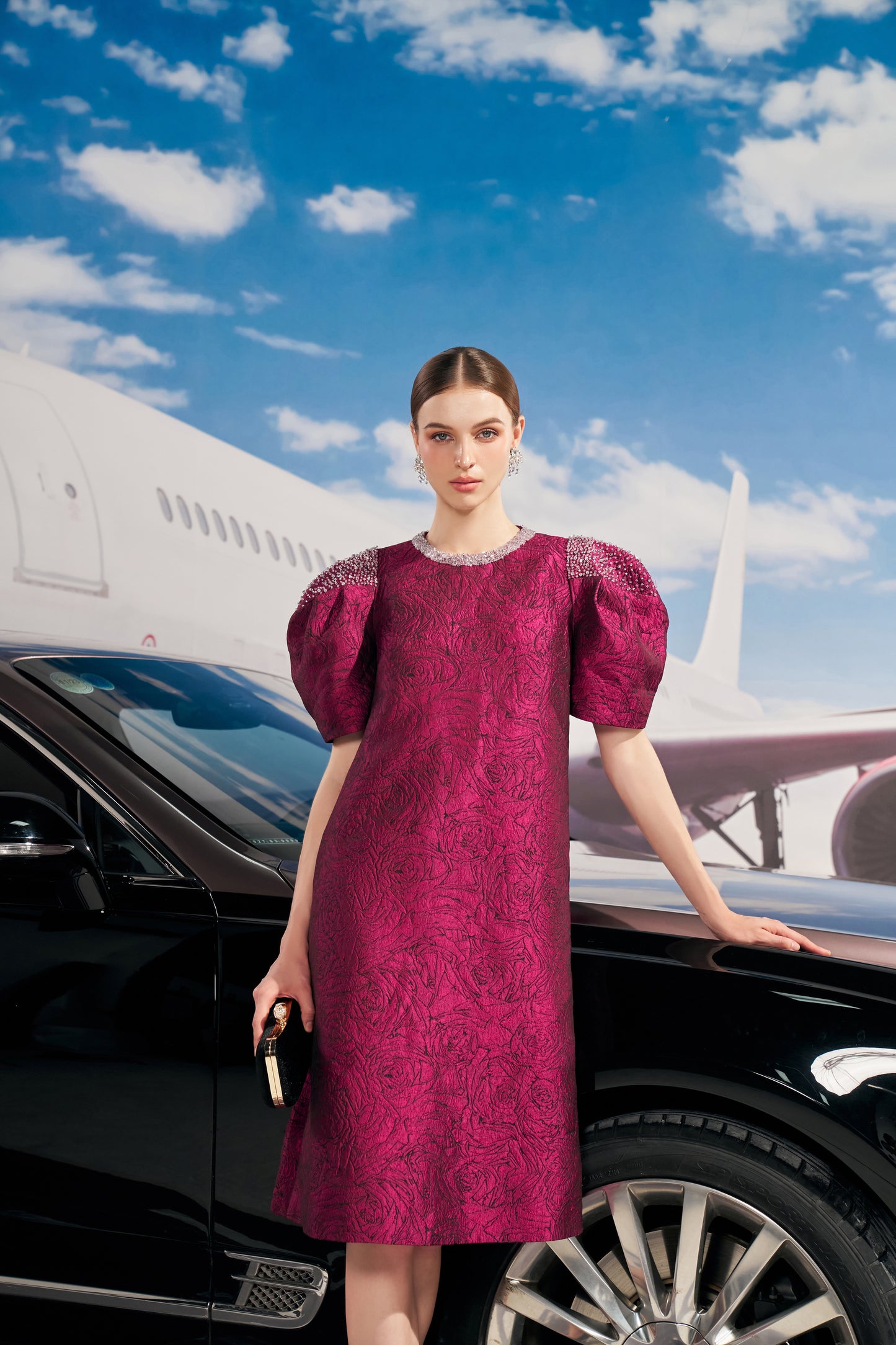 Ornate Magenta Puff-Sleeve Midi Dress with Beaded Details
