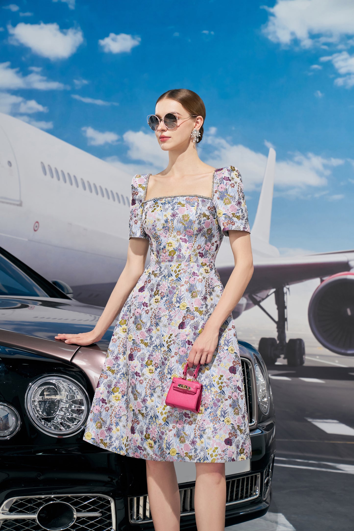 Floral Puff Sleeve A-Line Summer Midi Dress with Square Neckline