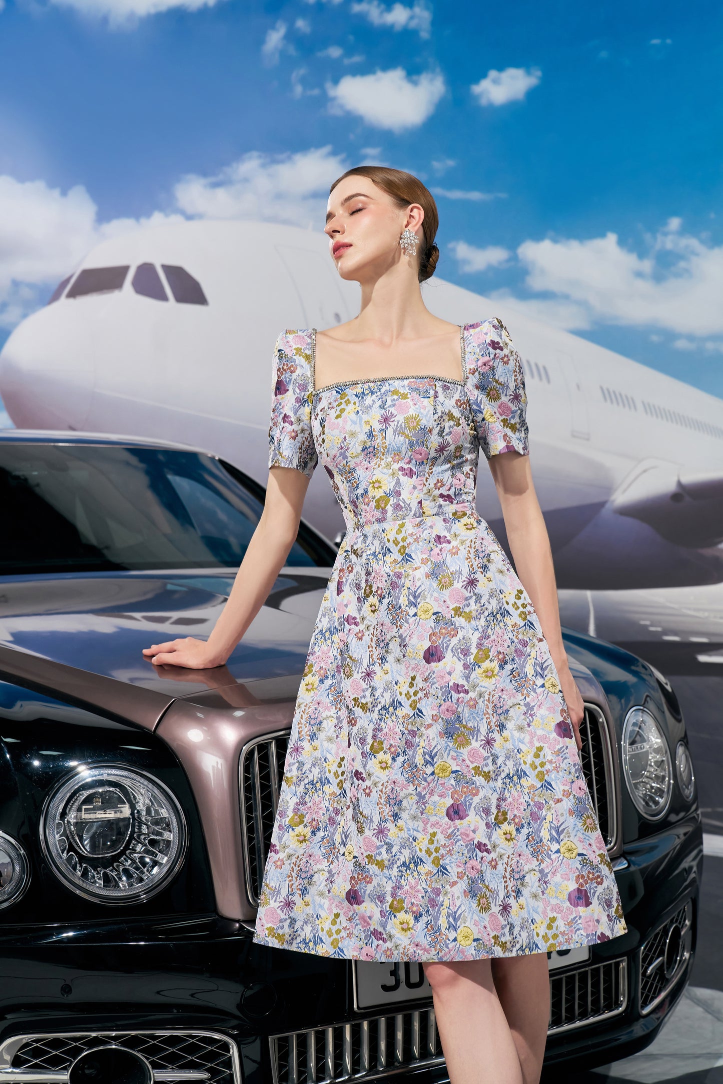 Floral Puff Sleeve A-Line Summer Midi Dress with Square Neckline
