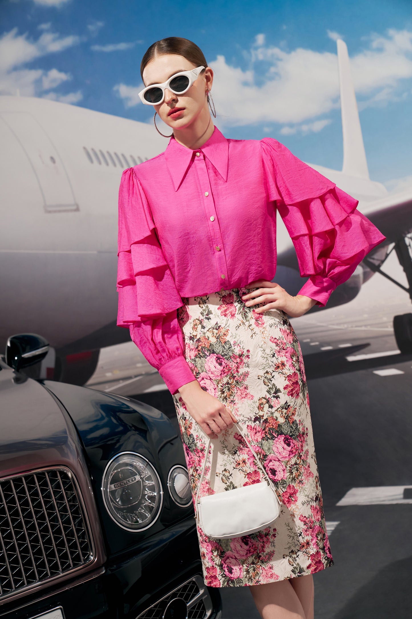 Pink Ruffle Sleeve Blouse with Floral Pencil Skirt and Purple Heels