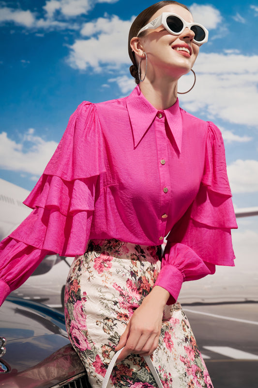 Pink Ruffle Sleeve Blouse with Floral Pencil Skirt and Purple Heels