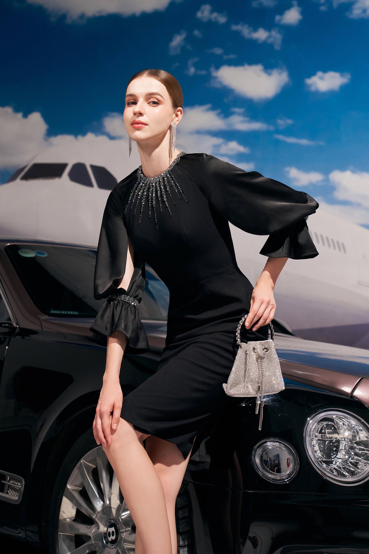 Black Satin Midi Dress with Beaded Neckline and Puff Sleeves