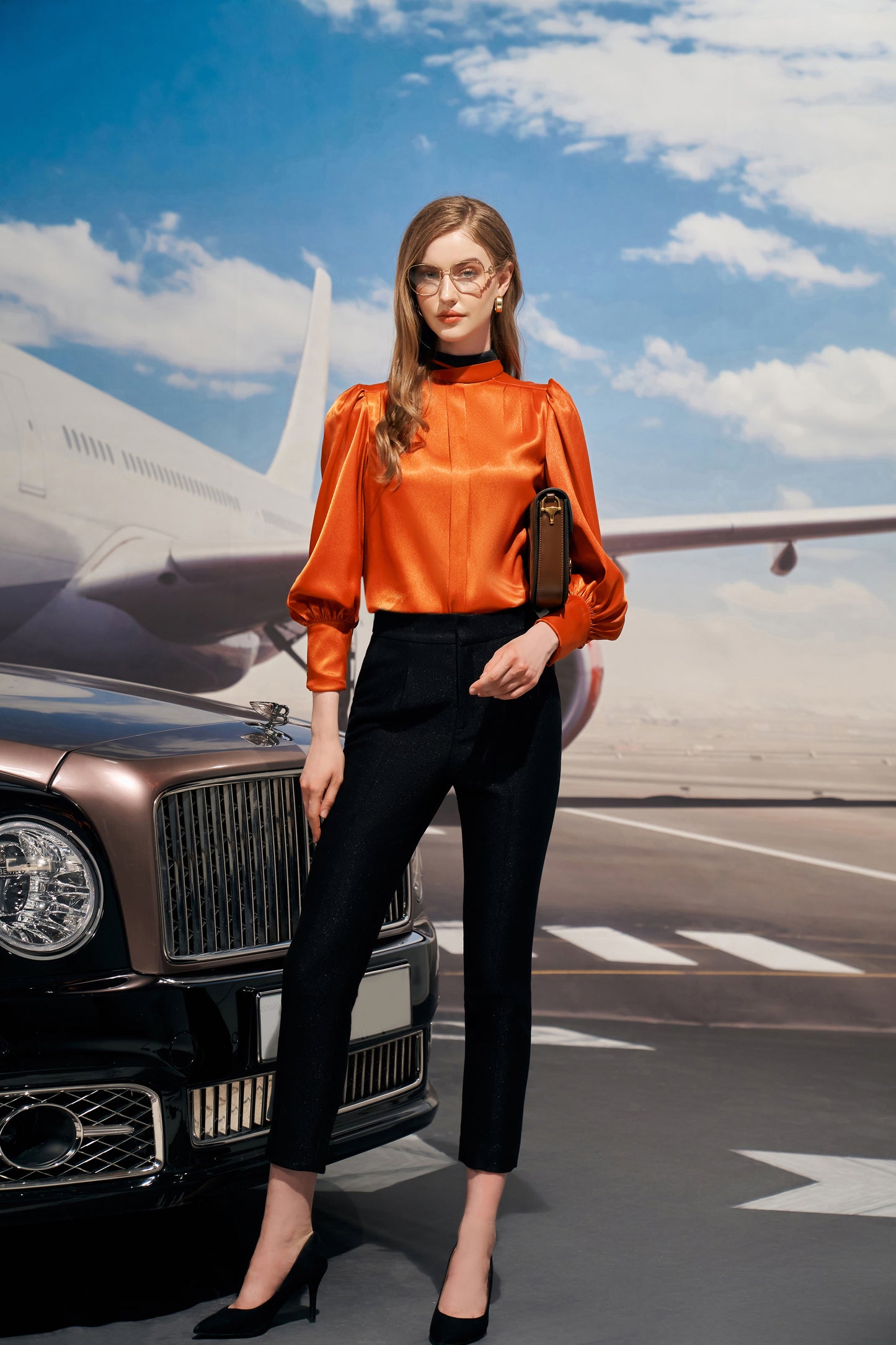 Silk Satin Orange Puff Sleeve Blouse with Black Slim Fit Trousers