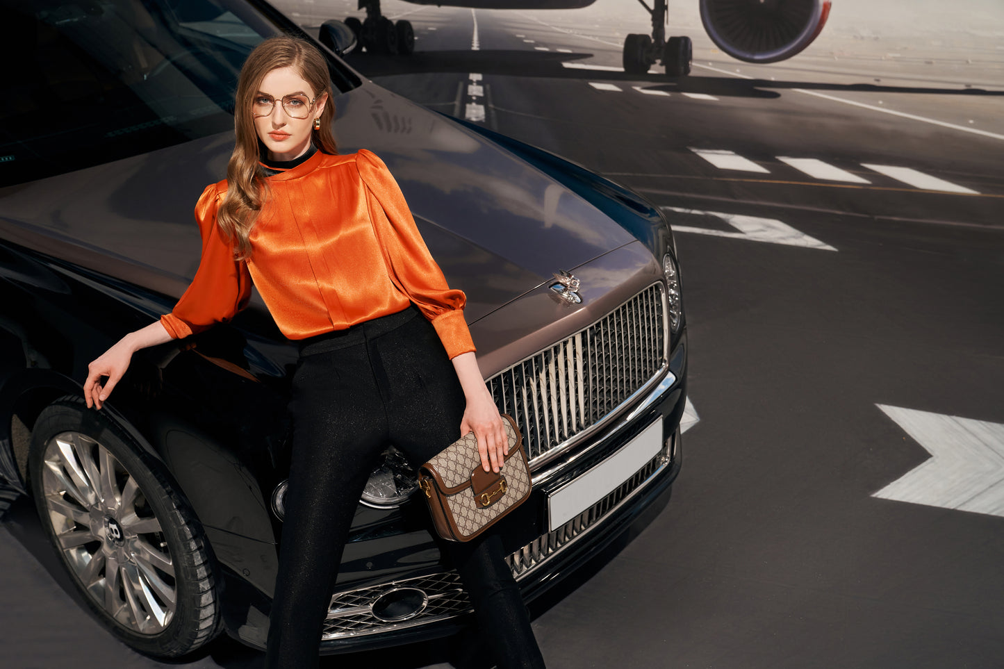 Silk Satin Orange Puff Sleeve Blouse with Black Slim Fit Trousers