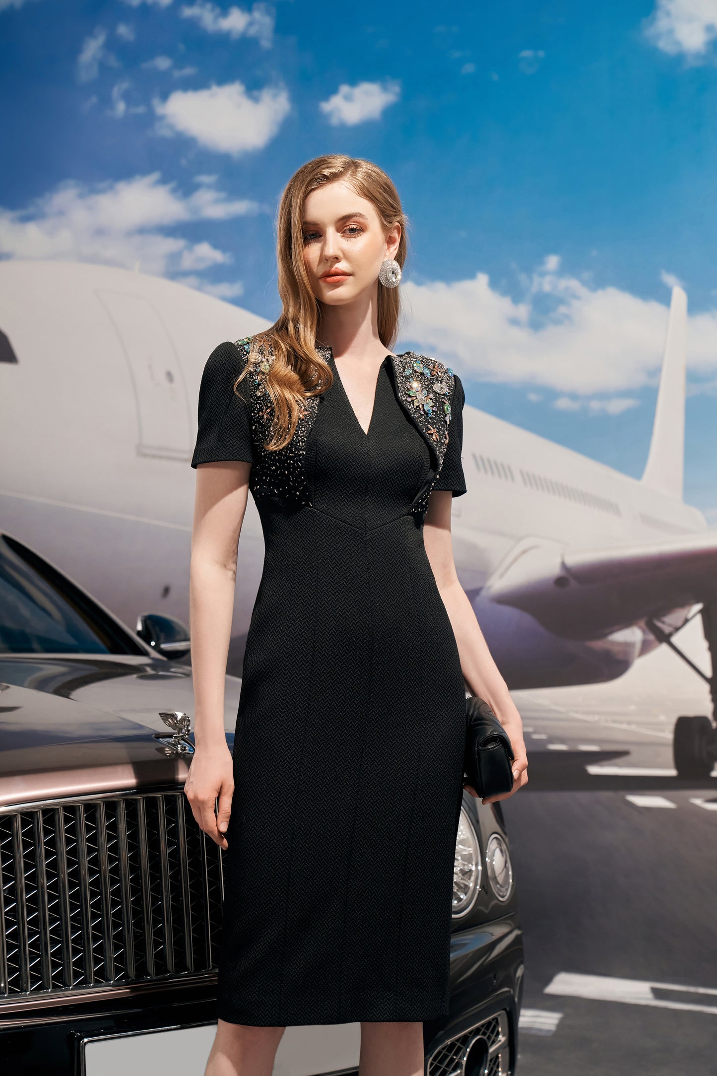 Embellished V-Neck Short Sleeve Midi Dress
