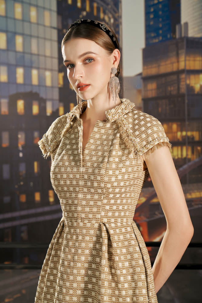 Beige Checkered Midi Dress with Bow Collar and Cap Sleeves