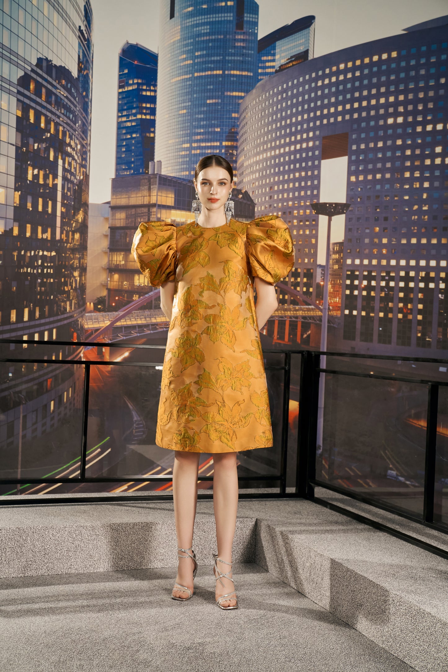 Gold Brocade A-Line Mini Dress with Puff Sleeves
