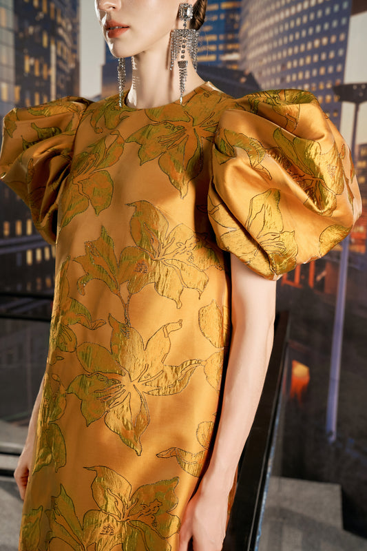 Gold Brocade A-Line Mini Dress with Puff Sleeves